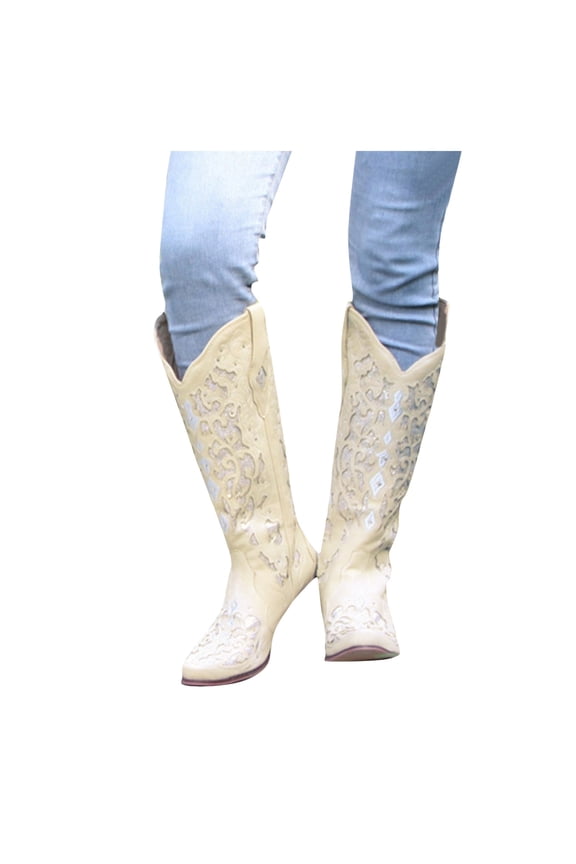 Rhinestone Cowboy Boots for Women Wide Calf Glitter Cowgirl Booties Chunky Heel Pointed Toe Western Riding Boots Beige Size 9.5