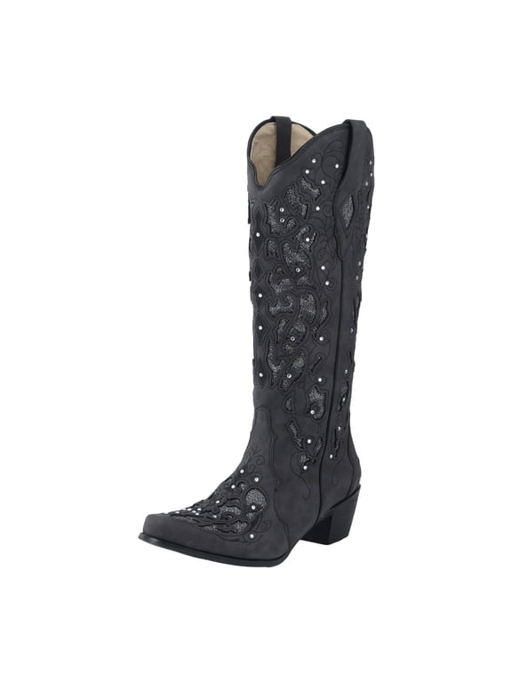 Rhinestone Cowboy Boots for Women Wide Calf Glitter Cowgirl Booties Chunky Heel Pointed Toe Western Riding Boots Black Size 9.5