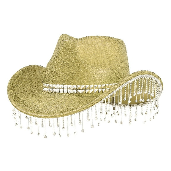 Rhinestone Cowboy Hat, Audhol Men's and Women's Hats with Sequins and Pendants Tassels Fashionable Cowboy Hats Music and Dance Elegant Hats Cowboy Hat Gold One Size