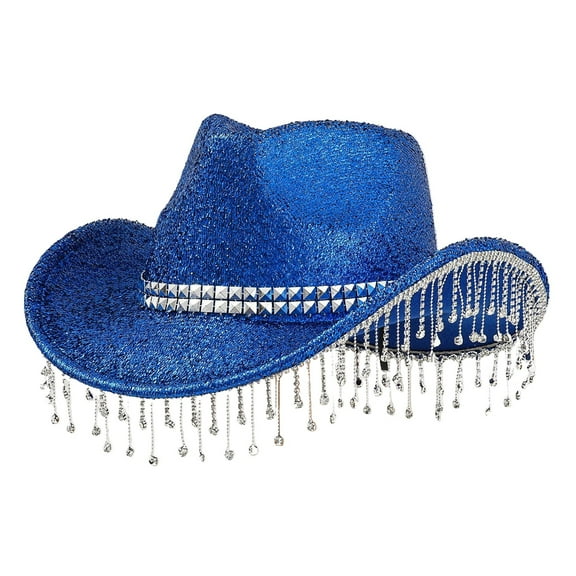 Rhinestone Cowboy Hat, Comdrip Men's and Women's Hats with Sequins and Pendants Tassels Fashionable Cowboy Hats Music and Dance Elegant Hats Cowgirl Hats Women Blue One Size