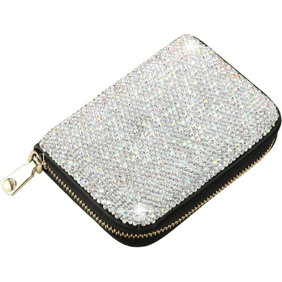 Rhinestone Credit Card Holder for Women RFID Blocking Wallet Slim Leather Zipper Card Case Wallet (Silver)