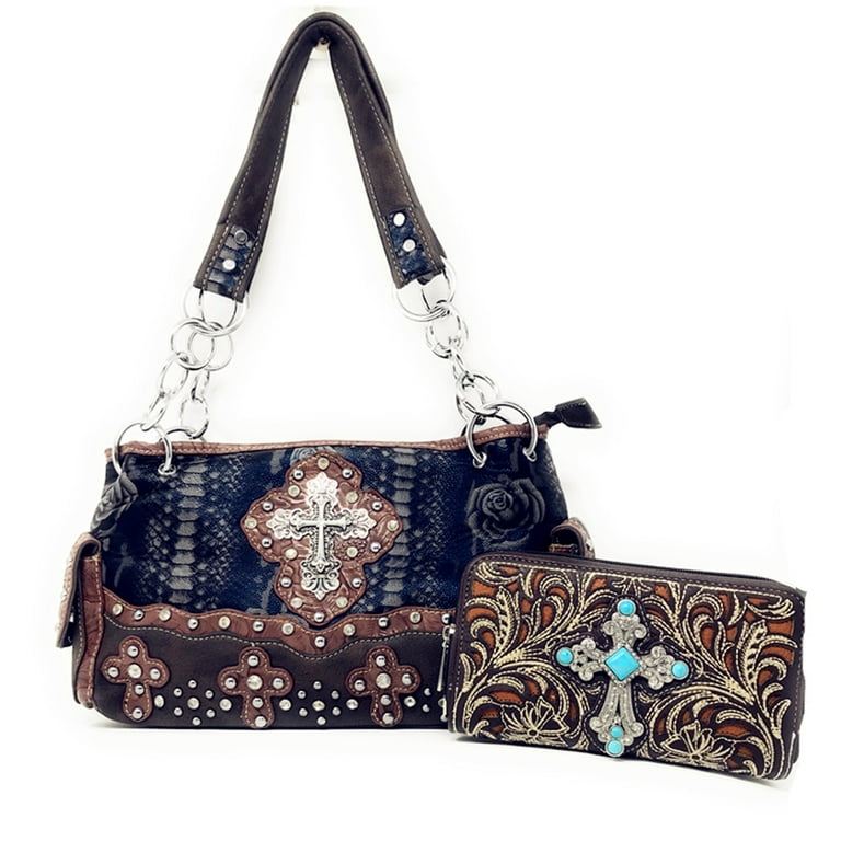 Texas West Rhinestone Cross Flower Leather Shoulder Handbag Purse Wallet Matching Set in Coffee and Pink A23 5235 Women s Size Medium Brown