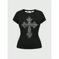 thumbnail image 1 of Rhinestone Cross Vintage Grunge Y2K Short Sleeves Crewneck Cotton Unisex Men's Women's Tee Shirt, 1 of 6