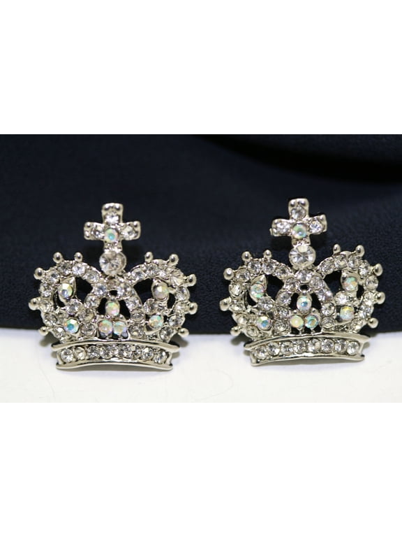 Rhinestone Crown Pin, Crown Earrings Set, Use for Wedding Bouquet/ birthday/ Embellishment, Silver Tiara Brooch, Crown Jewelry