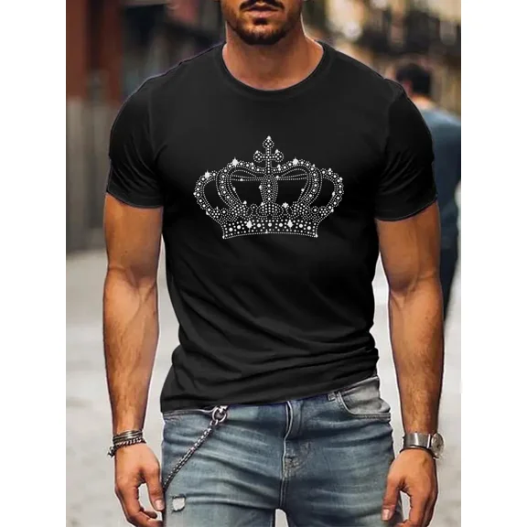 Rhinestone Crown Print Men Short Sleeve Graphic Casual Crew Neck T-Shirt