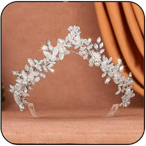 Rhinestone Crown and Tiara Silver Crystal Wedding Headband Leaf Bridal Hair Accessory for Women and Girls