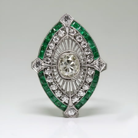 925 Sterling Silver Art Deco Diamond Jewelry Natural Gemstone Emerald Ring