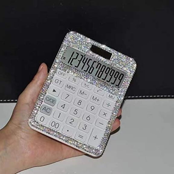 Rhinestone Crystal Dazzling 12 Digit Solar and Battery Dual Power ,LCD Display Calculator for Office, School White