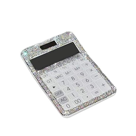 Rhinestone Crystal Dazzling 12 Digit Solar and Battery Dual Power ,LCD Display Calculator for Office, School White