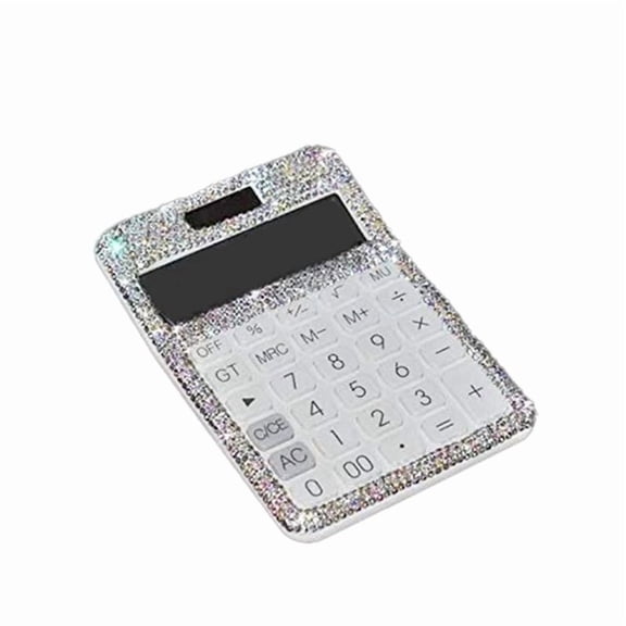 Rhinestone Crystal Dazzling 12 Digit Solar and Battery Dual Power ,LCD Display Calculator for Office, School White