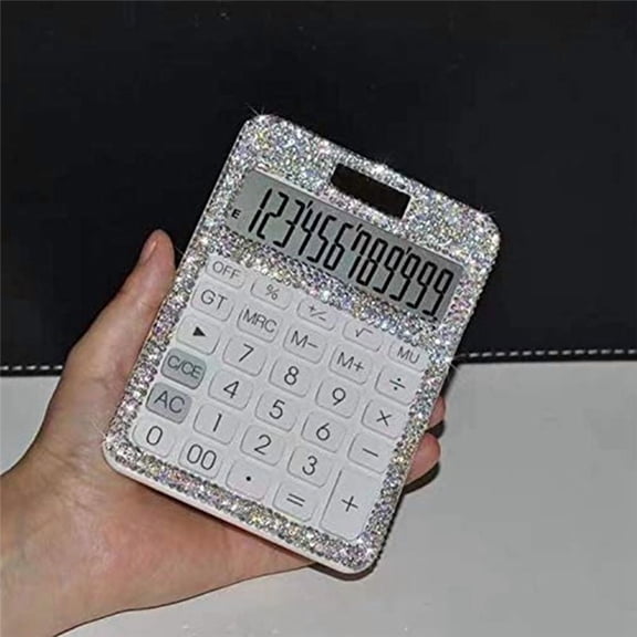 Rhinestone Crystal Dazzling 12 Digit Solar and Battery Dual Power ,LCD Display Calculator for Office, School White