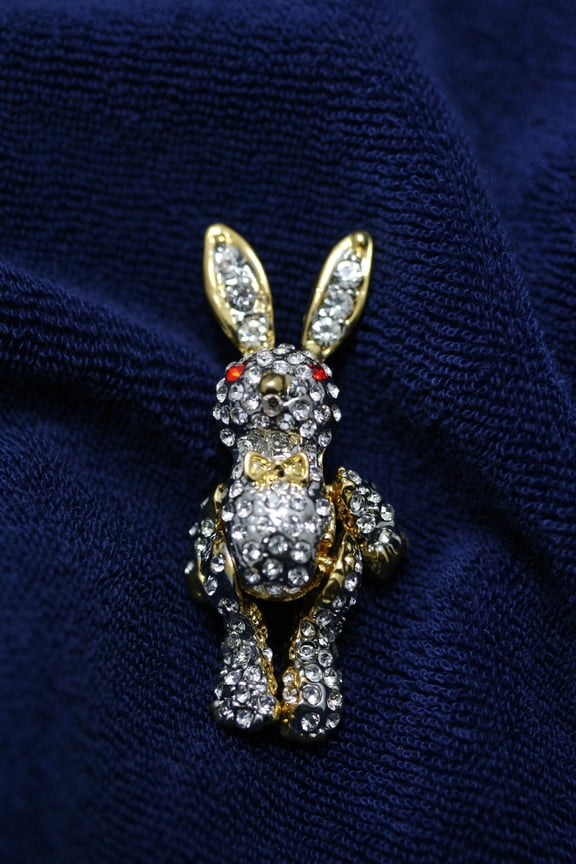 Rhinestone Crystal Easter Bunny Rabbit Pin Brooch, Bunny Rabbit Jewelry Gift (Leg, Arm Moveable)