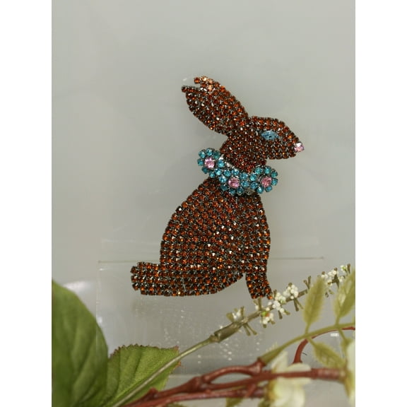 Rhinestone Crystal Large Easter Bunny Rabbit Pin Brooch, Chocolate Color Easter Bunny Pin