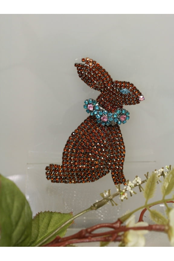 Rhinestone Crystal Large Easter Bunny Rabbit Pin Brooch,  Chocolate Color Easter Bunny Pin