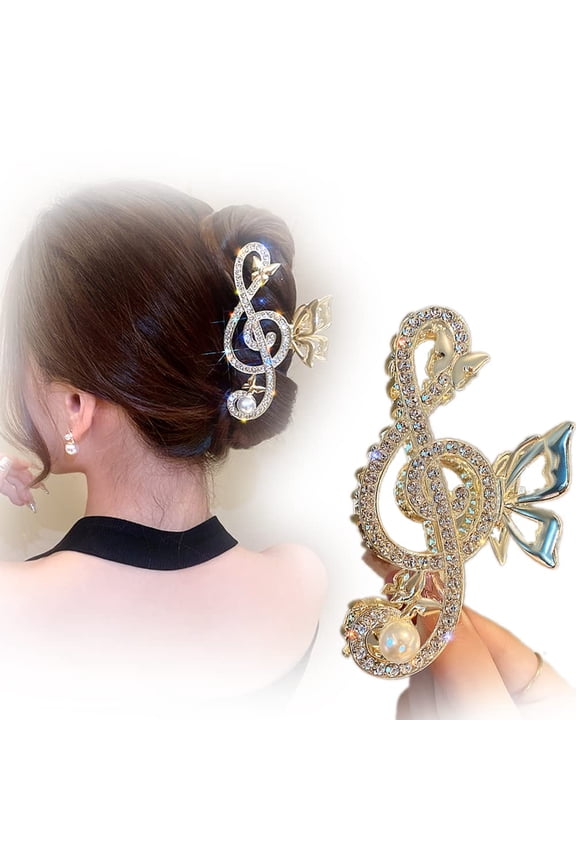 Rhinestone Crystal Pearl Hair Accessories - Gold Jumbo Musical Note Claw Clip for Thick Long Hair, Fashion Clips for Women Girls