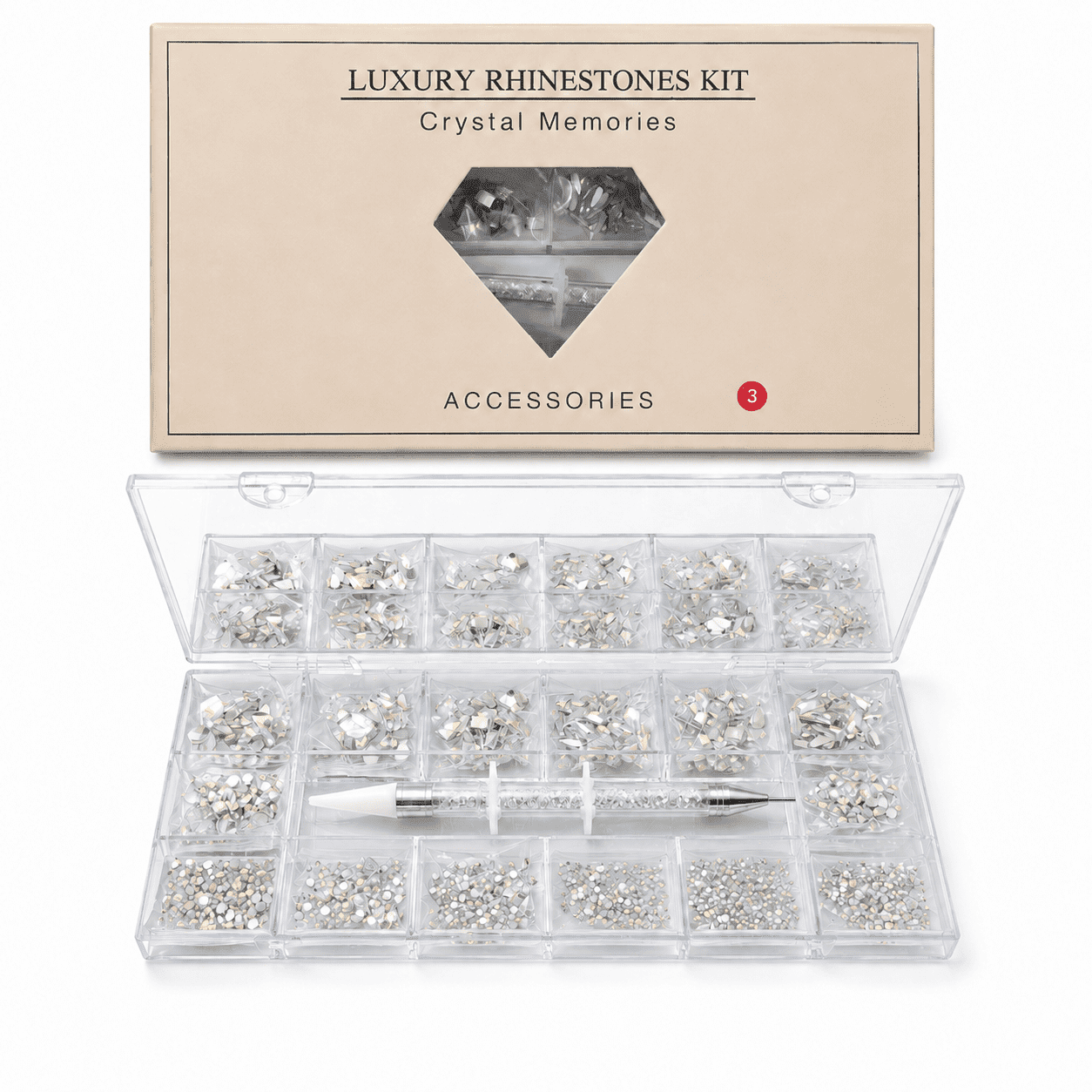 3D Nail Charms Gems Set, Nail Charms DIY Nail Art Supplies Accessories - 600 Special Shaped Crystals & 2500 Flat Bottomed Stones in 20 Styles + Drill Pen Included