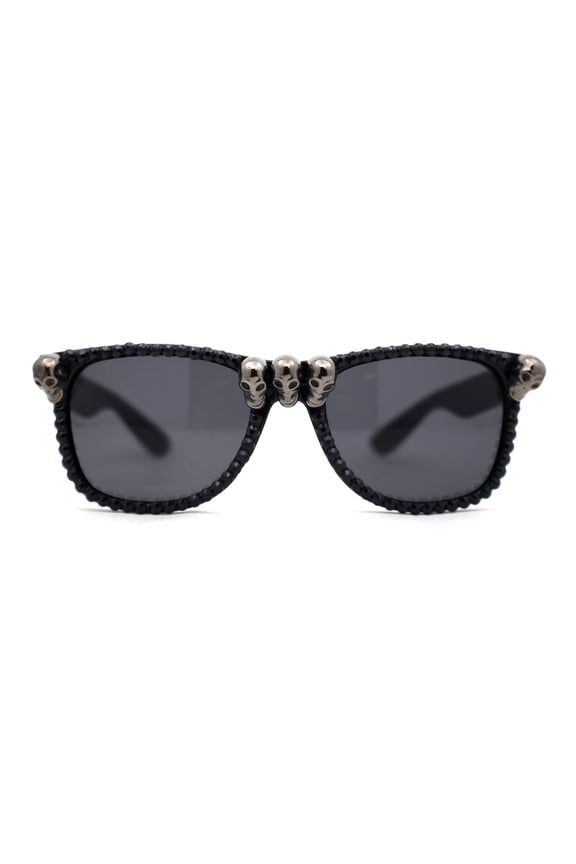 Rhinestone Death Metal Skull Classic Horn Rim Plastic Sunglasses All Black