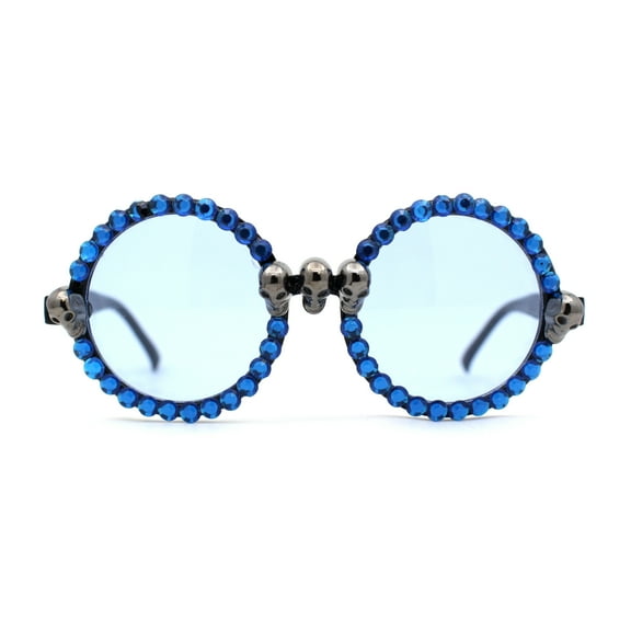 Rhinestone Death Metal Skull Trim Round Circle Lens Plastic Sunglasses Black Blue