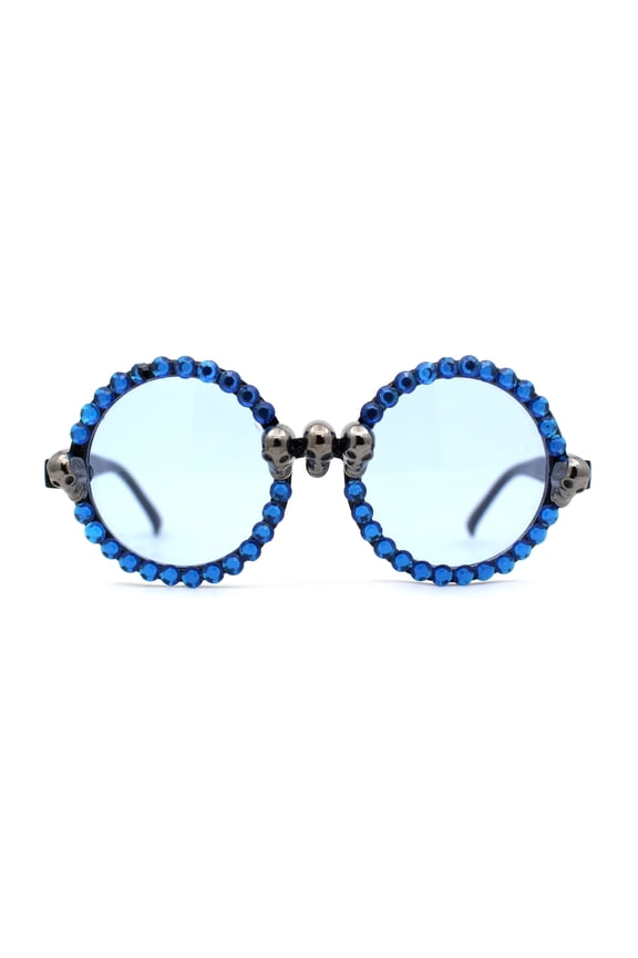 Rhinestone Death Metal Skull Trim Round Circle Lens Plastic Sunglasses Black Blue