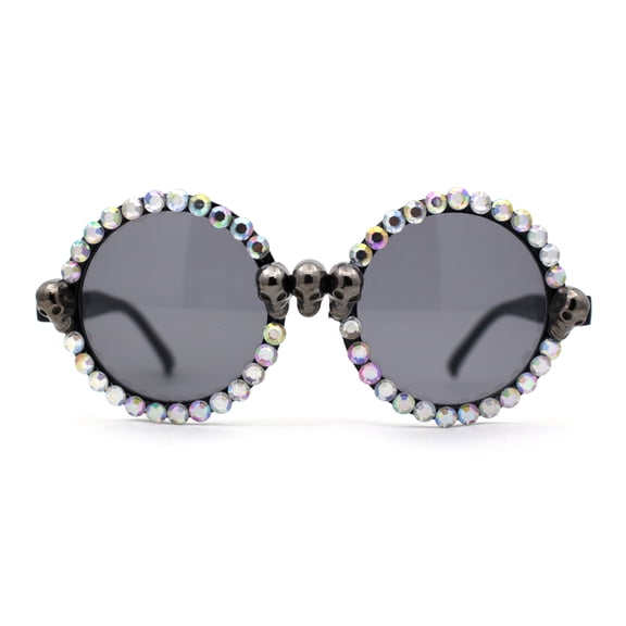 Rhinestone Death Metal Skull Trim Round Circle Lens Plastic Sunglasses Black Pearl