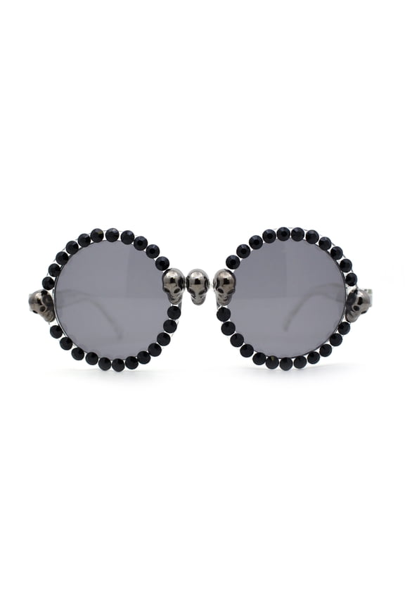 Rhinestone Death Metal Skull Trim Round Circle Lens Plastic Sunglasses Clear Black