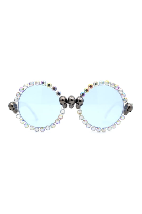 Rhinestone Death Metal Skull Trim Round Circle Lens Plastic Sunglasses Clear Pearl Blue