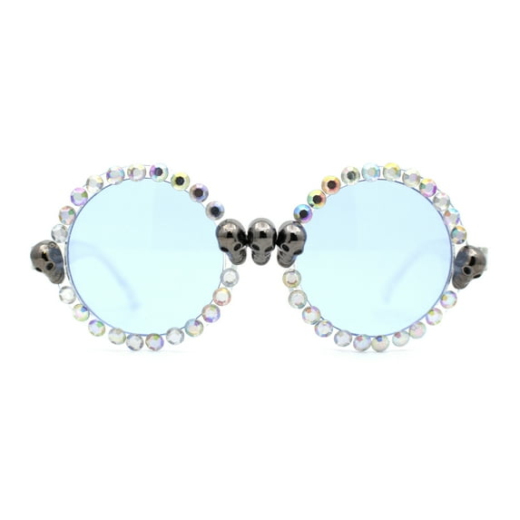 Rhinestone Death Metal Skull Trim Round Circle Lens Plastic Sunglasses Clear Pearl Blue