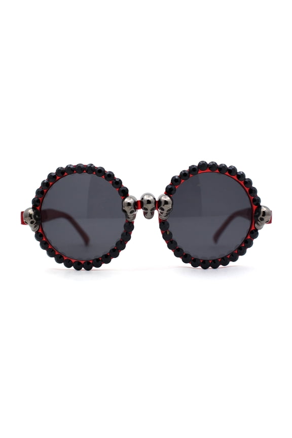 Rhinestone Death Metal Skull Trim Round Circle Lens Plastic Sunglasses Red Black