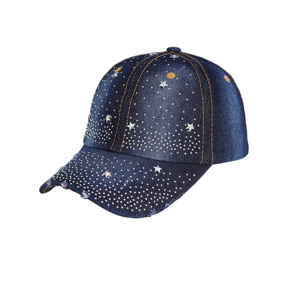 Rhinestone Denim Baseball Cap for Women Studded Faded Blue Jean Crystal Bling Cap Adjustable Trucker Hat Glitter Sequin Fashion Caps Sun Protection Outdoor Hat 2026 Fall Outfits, Dark Blue