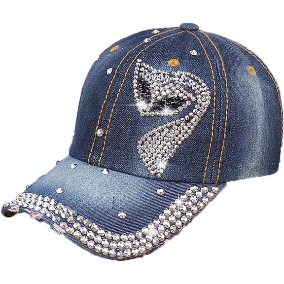 Rhinestone Denim Baseball Cap for Women Fashion Sun Hat Metal Buckle Adjustable Bling Diamond Traveling Hat
