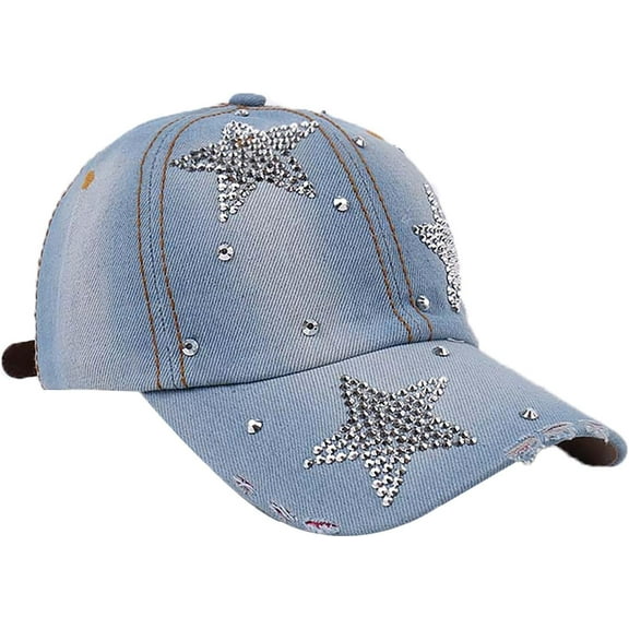 Rhinestone Denim Baseball Cap for Women Fashion Sun Hat Metal Buckle Adjustable Bling Diamond Traveling Hat