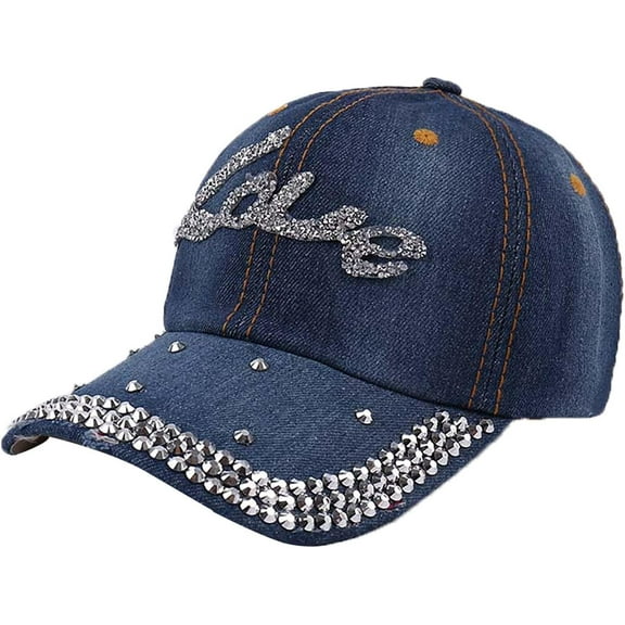 Rhinestone Denim Baseball Cap for Women Fashion Sun Hat Metal Buckle Adjustable Bling Diamond Traveling Hat
