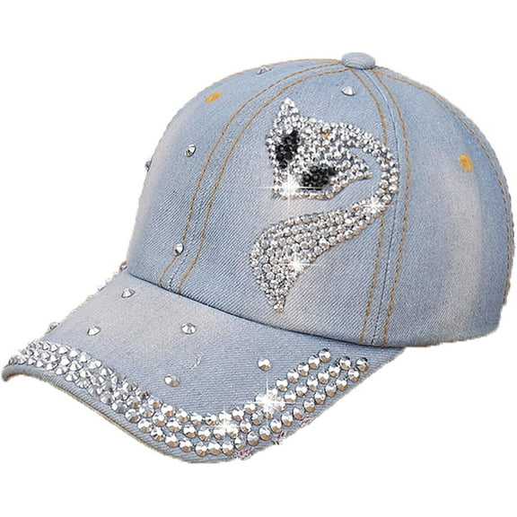 Rhinestone Denim Baseball Cap for Women Fashion Sun Hat Metal Buckle Adjustable Bling Diamond Traveling Hat