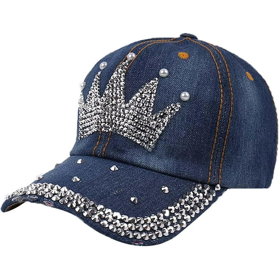 Rhinestone Denim Baseball Cap for Women Fashion Sun Hat Metal Buckle Adjustable Bling Diamond Traveling Hat