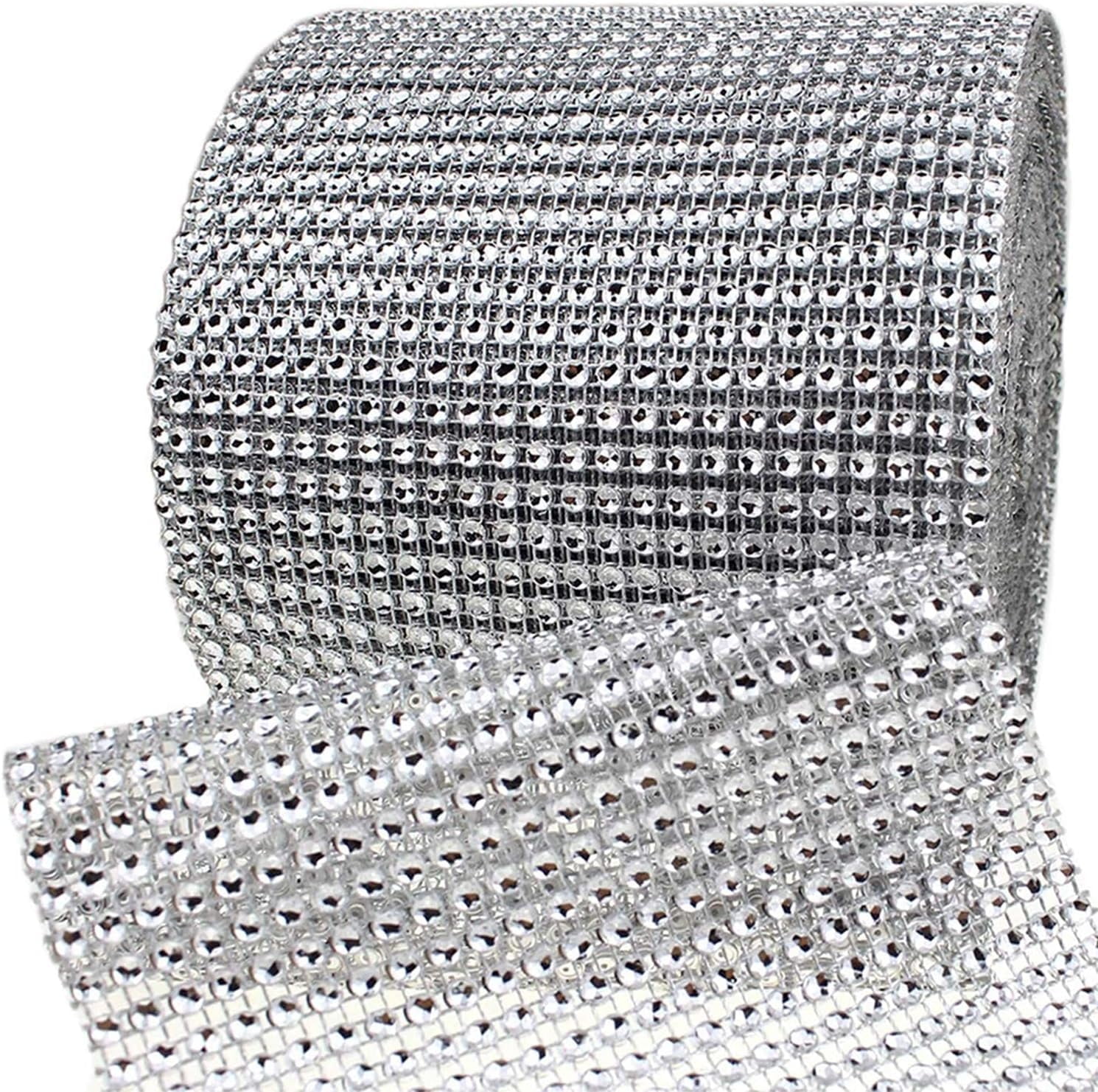 Rhinestone Diamond Mesh Ribbon Wrap, Silver Acrylic Bling Diamond Wrap Ribbon  for DIY, Wedding Decorations, Cake, Birthday Party Supplies, Arts and Crafts (60Ft)