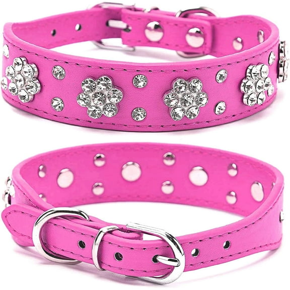 Rhinestone Dog Collar, Cute Flower Rhinestone Bling Collar PU Leather Adjustable Sizes Small Medium Large 1 Pack
