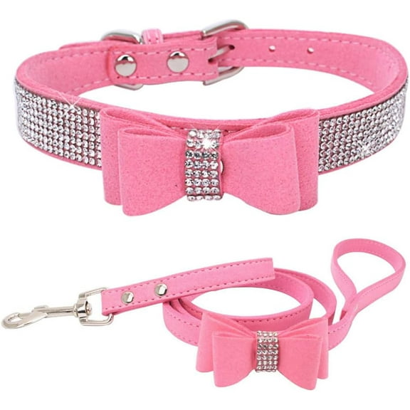 Rhinestone Dog Collar and Leash Set with Bow Tie, Bling Diamond Cat Collar with Bowtie Crystal Girl Puppy Collars for XXS Xs Small Medium Large Female Dogs Pet Kitten