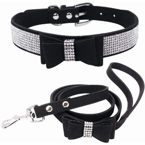 Rhinestone Dog Collar and Leash Set with Bow Tie, Bling Diamond Cat Collar with Bowtie Crystal Girl Puppy Collars for XXS Xs Small Medium Large Female Dogs Pet Kitten