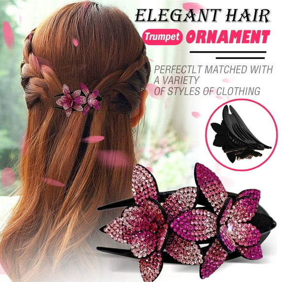 Rhinestone Double Flower Hair Clip,Flexible Durable Pearls Design Women Hair Dovetail Clip