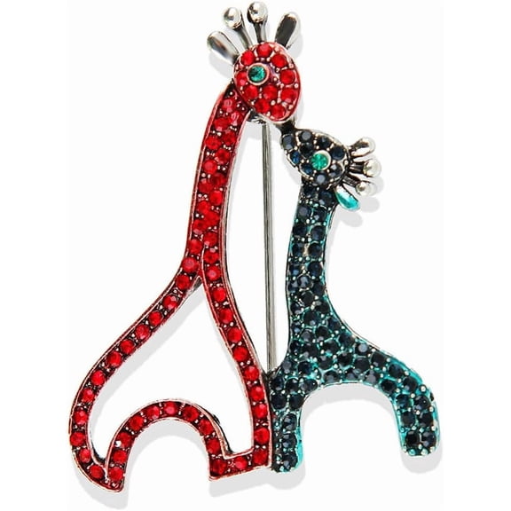 Rhinestone Double Giraffes Brooch Pin for Women Silver Plated Crystal Cluster Cartoon Giraffe Animal Brooches Lapel Pins Suit Collar Dress Accessories Vintage Lovely Christmas Holiday Jewelry