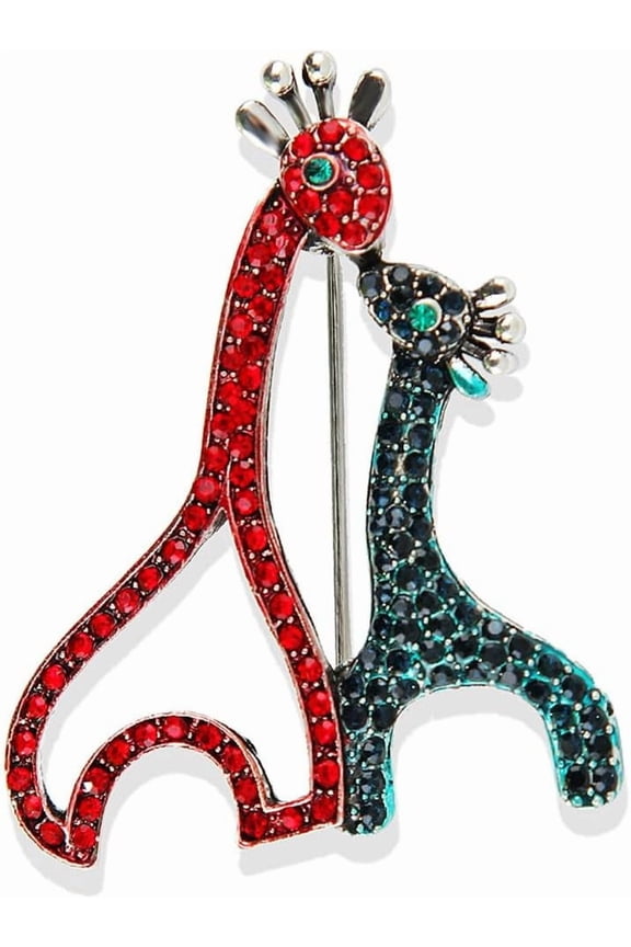 Rhinestone Double Giraffes Brooch Pin for Women Silver Plated Crystal Cluster Cartoon Giraffe Animal Brooches Lapel Pins Suit Collar Dress Accessories Vintage Lovely Christmas Holiday Jewelry