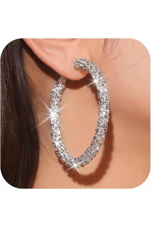 Rhinestone Earrings for Women Bling Hoop Earrings for Women Rhinestone Hoop Earrings Cystal Earrings Gold Silver Prom Earrings Big Hoop Earrings for Party Wedding Gift's for Bridal