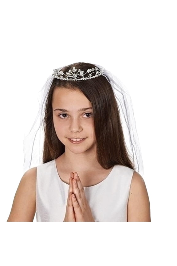 Rhinestone Encrusted Communion Tiara with 22 Inch Double Veil; Style Hannah