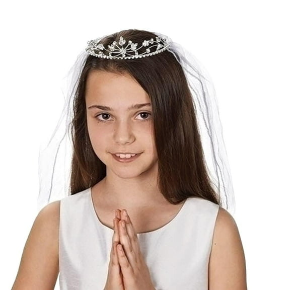 Rhinestone Encrusted Communion Tiara with 22 Inch Double Veil; Style Hannah