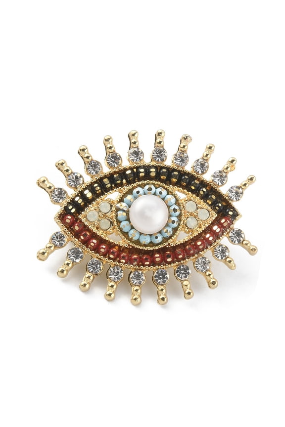 Rhinestone Evil Eye Brooch with Imitation Pearl Gold Plated Alloy Lucky Badge for Backpack Clothes Colorful 33x41x9mm