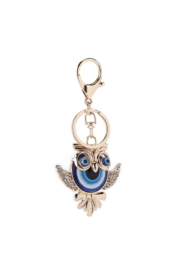 Rhinestone Evil Eye Keychain Zinc Alloy Protective Blue Turkish Amulet Owl Pendant Crystal Purse Charm for Women Backpack Decoration Accessory, 5.9 inches / 15.0 cm