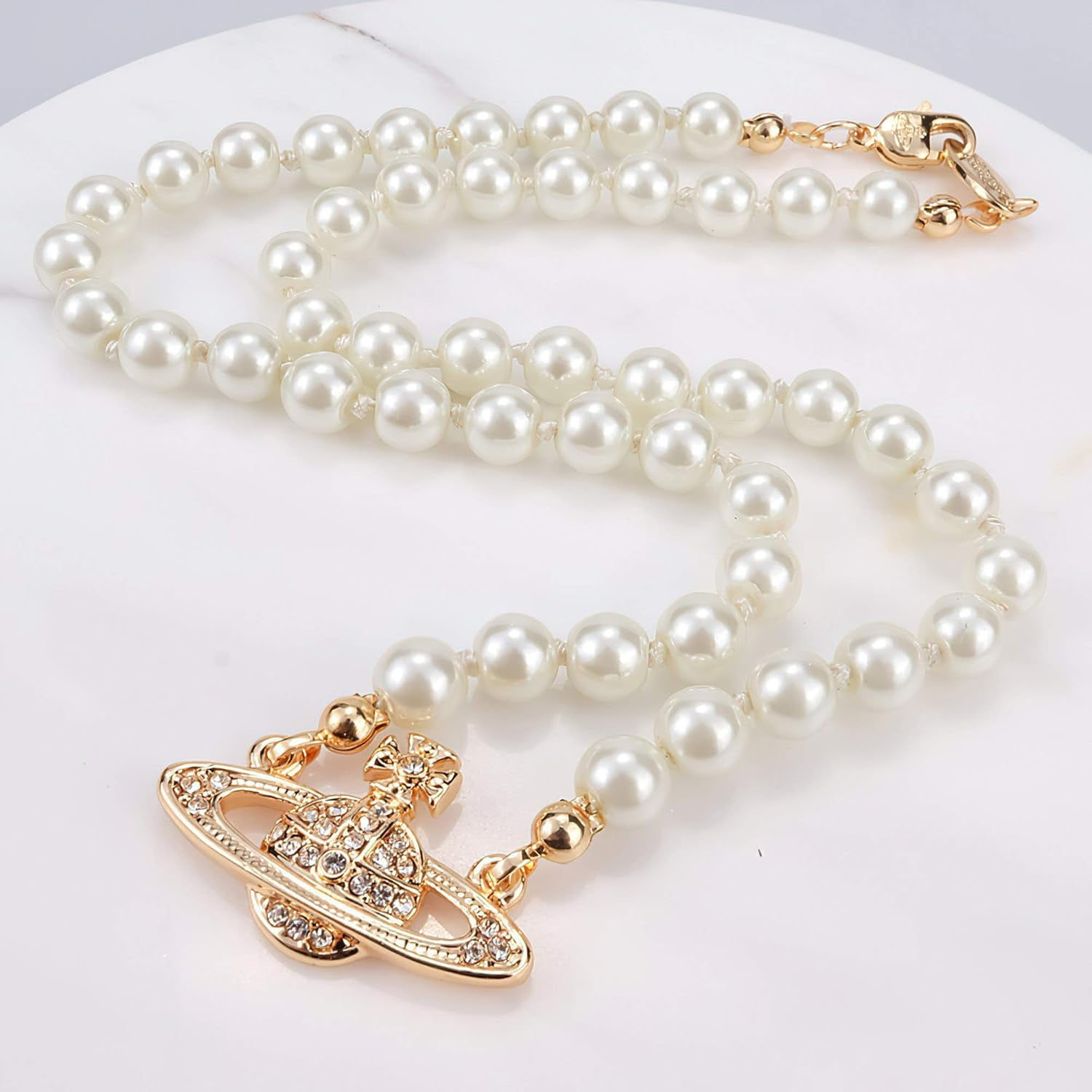 Rhinestone planet charm faux pearl beaded necklace discount