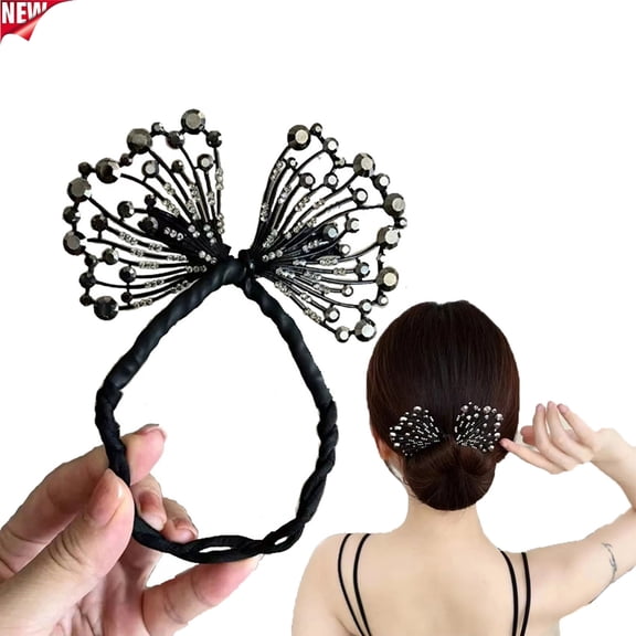 Rhinestone Fireworks Bow Twist Bun Hair Maker for Women, Non Slip Flexible Elastic Hair Styling Tool, Sparkly Crystal Back Head Updo Ponytail Holder for Daily Wedding Party Elegant Hair Accessories