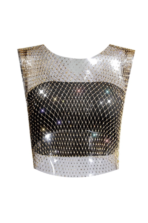 Rhinestone Fishing Net Fashion Net Flash Women's Short Sleeve Vest