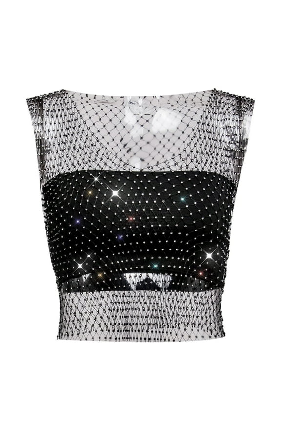 Rhinestone Fishing Net Net Flash Women's Short Sleeved Vest